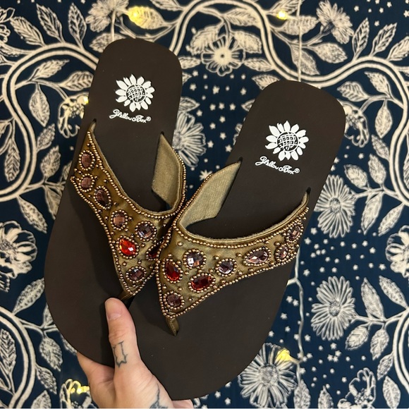 Yellow Box Shoes - Yellow Box Brown & Red Beaded Sandals